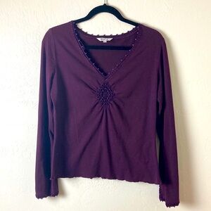 M & Co Deep Purple Stretch Cotton Long Sleeve Crochet Top M